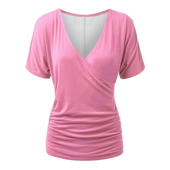 XIAfhje Womens Tops Short Sleeve V-Neck Pleated Top Solid Color T Shirts Summer Casual Blouse Comfy Cozy Tunic Tops Shirt