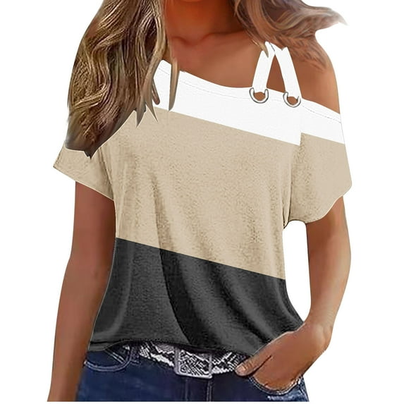 XIAfhje Womens Tops Summer Tshirts V-Neck Sexy Off Shoulder Camisole Short Sleeve Top Women's Solid Color T-Shirt Casual Loose Shirts Cozy Comfy Tunic 2024