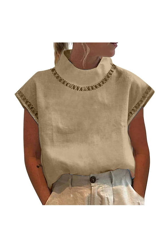 Womens Tops Summer Turtleneck Loose Linen Shirt Short Sleeve Blouse Solid Color Cut Out Top Breathable Lightweight T-Shirt