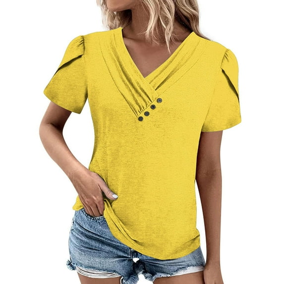 XIAfhje Womens Tops Tshirts Shirts For Women Summer Tops Casual Sexy Trendy Slant V-Neck Short Sleeves T-Shirts With Buttons Fashion Clothes Solid Color Pleats Tees Basic Tunic Tops