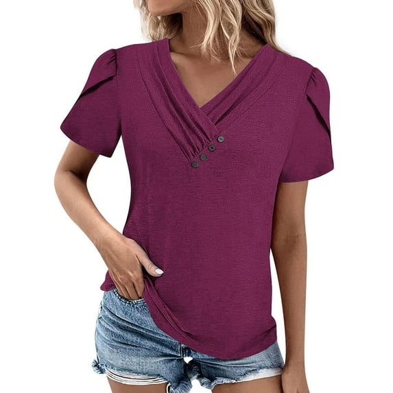 XIAfhje Womens Tops Tshirts Shirts For Women Summer Tops Casual Sexy Trendy Slant V-Neck Short Sleeves T-Shirts With Buttons Fashion Clothes Solid Color Pleats Tees Basic Tunic Tops