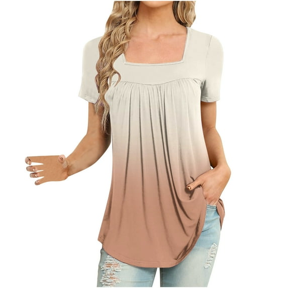 XIAfhje Womens Tunic Tops Elegant Summer Short Sleeve T Shirts Pleated Loose Fit Flowy Blouses Shirts Gradient Printed Square Neck Tops