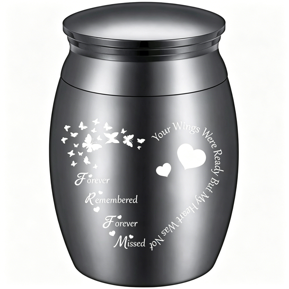 XIBUFE 1.57X1.18 Inch Black Mini Keepsake Urn Cremation Ashes Holder,Butterfly Heart Engraving Stainless Steel Burial Container for Human Family Friends Memorial