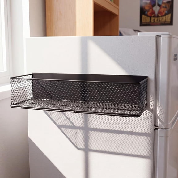 XIBUFE 1 Pack Black Magnetic Basket Dorm Mini Fridge Shelf Organizer Kitchen Storage Bin Container Spice Holder for Locker Refrigerator Pantry Dorm Essentials (13.8 X 3.1 X 4.9")