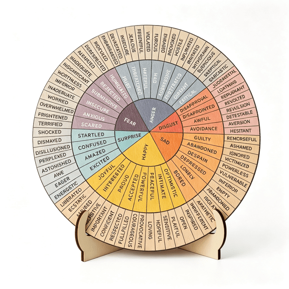 XIBUFE 10.6In Feelings Wheel Therapy Tabletop Decor,Wooden Double-Sided Mental Health Mood Chart with Stance As a Gift for Consulting Therapists,Social Workers,School Counselors,Home Office Decor