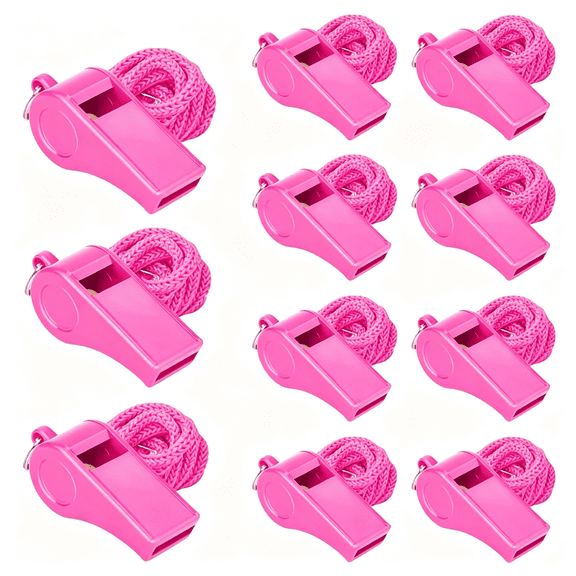XIBUFE 10 Pack Bulk Pink Plastic Whistles with Lanyard - Loud High-Pitched Sports Whistles for Coaches, Referees, Teachers, Kids, Outdoor Safety, Dog Training, Party Favors