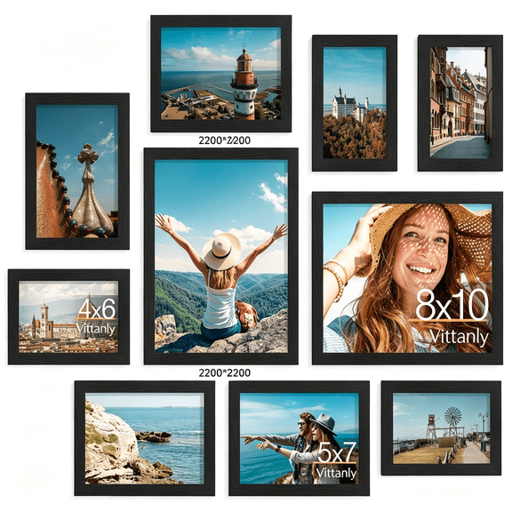 XIBUFE 10 Pack Picture Frames Collage Wall Decor,Gallery Wall Frame Set for Wall Or Tabletop Display,Engineered Wood and Shatter-Resistant Plexiglass,Multi Sizes with 8X10,5X7,4X6 Frames,Black