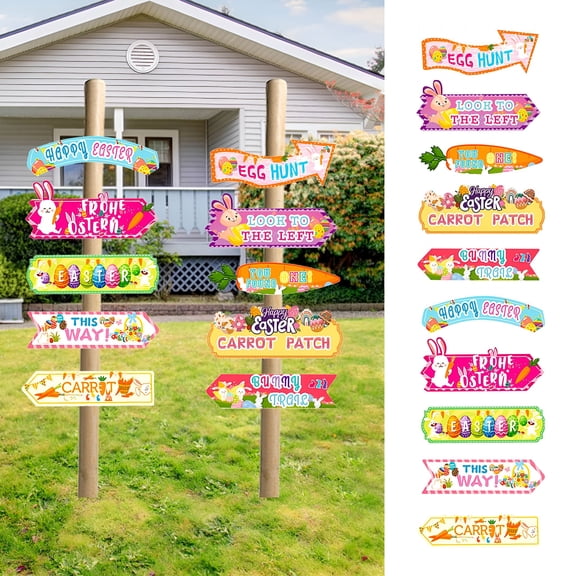 XIBUFE 10 Pcs Easter Yard Signs Decorations Easter Egg Decorations Set Outdoor Lawn Yard Stake Sign Chick Egg Bunny Basket Arrow Lawn Decor for Game Party Prop Easter Yard Decorations