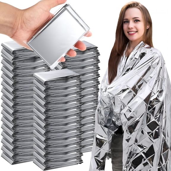 XIBUFE 100 Pcs Emergency Blankets for Survival 83 x 55 Emergency Foil Thermal Reflective Space Blanket Bulk Waterproof Individually Wrap Survival for Car Camping Outdoor Homeless(Silver)