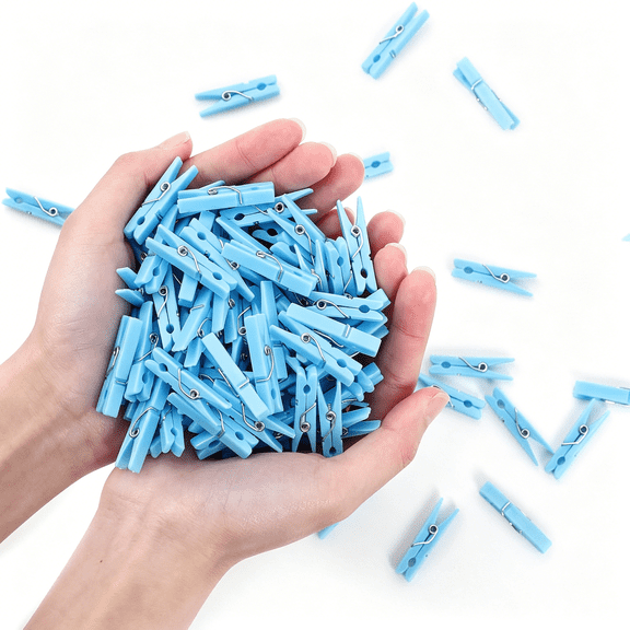 XIBUFE 100 Pcs Mini Blue Baby Boy Clothespins, 1.4 Inch Plastic Clothes Pins with Storage Bag for Shower Games & DIY Crafts