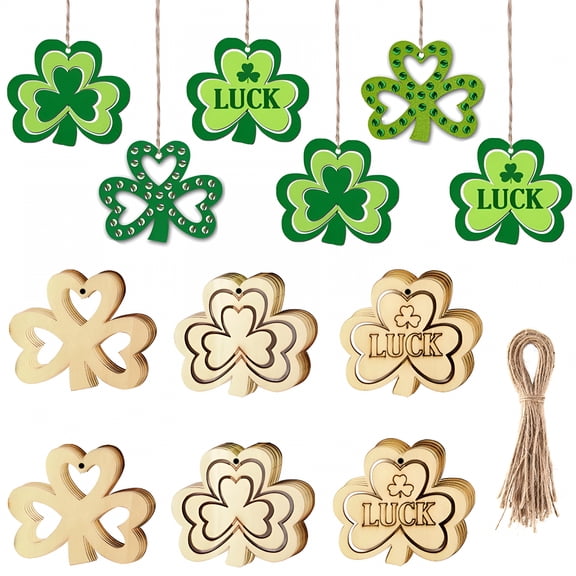 XIBUFE 10Pcs St. Patrick'S Day Shamrock Wooden Ornaments Unfinished Wood Clover Cutouts with Ropes for St. Patrick'S Party Tree Table Decorations St Patricks Day Ornaments