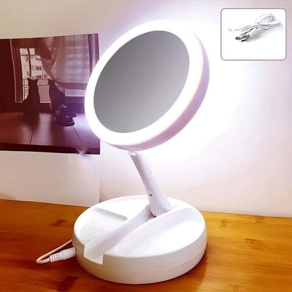 XIBUFE 10X Magnifying LED Makeup Mirror with Lights, Foldable Double Sided Vanity Mirror, USB Powered Lighted Mirror for Travel, Bathroom, Bedroom and Dressing Table Grooming