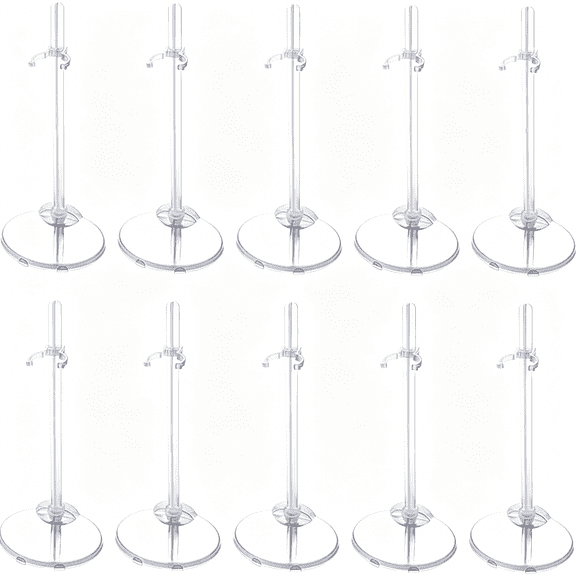 XIBUFE 10pc Adjustable Doll Display Holders, Clear Plastic Action Figure Stands, Transparent Support for 11-13 Inch Tall Dolls