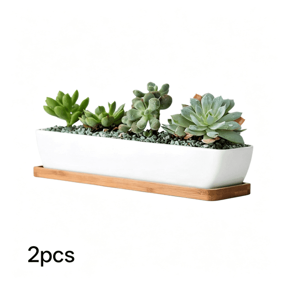 XIBUFE 11" Long Rectangle White Ceramic Succulent Planter Pots,Mini Flower Plant Containers with Bamboo Saucers. Rectangle Planter Indoor Product Size:11X2.23X1.69".