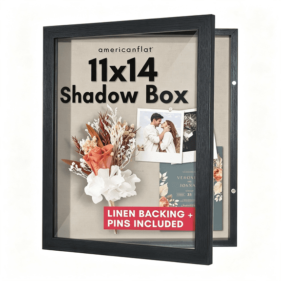 XIBUFE 11X14 Shadow Box Frame-Engineered Wood-Black,Shatter-Resistant Glass,1.4In Interior Depth,Hangs Vertical Or Horizontal,Displays Keepsakes,Medals and Memorabilia