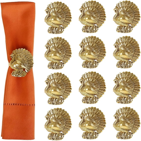 XIBUFE 12 Count Thanksgiving Napkin Rings - Vintage Bronze Turkey Design,Rustic Fall Table Decor for Holiday Dinner,Autumn Harvest Party Supplies,Copper-Colored Holders