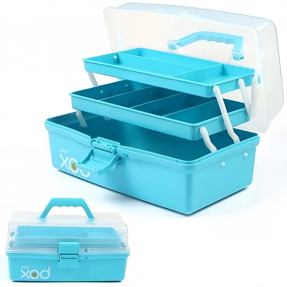 XIBUFE 12 Inch Three-Layer Storage Box Organizer - Folding Multipurpose Tool Box with Clear Top and Secure Lock - Portable Art Crafts Case for Tools, Jewelry, Stationery, Sewing Supplies, Small Parts
