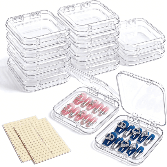 XIBUFE 12 Pcs Press on Nail Storage Box with 60 Pcs Double Sided Adhesive Tapes, Nail Packaging Boxes Fake Nail Display Case Crystal Clear Nail Storage Box with Gift Box for Nail Art