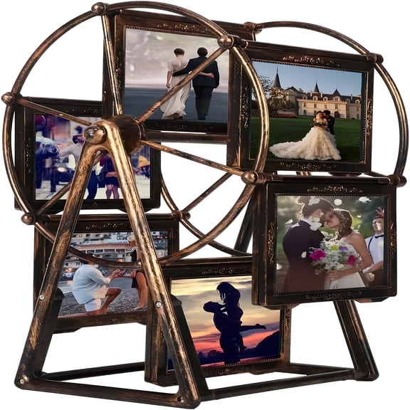 XIBUFE 12 Photos Rotating Ferris Wheel Picture Frame,Rotating Picture Frame Vintage Embossed Designs 5 Inches Frame for Home Decor Wedding Birthday Gifts,Antique Bronze