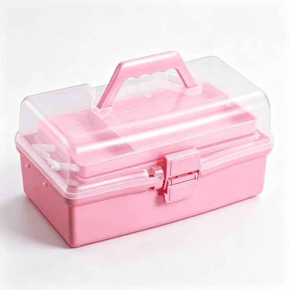 XIBUFE 12   Three-Layer Clear Plastic Storage Box with Handle,Craft Tool Box,3 Layer Pink Tackle Box for Women,Organizer Box for Sewing Art and Cosmetic (Pink)