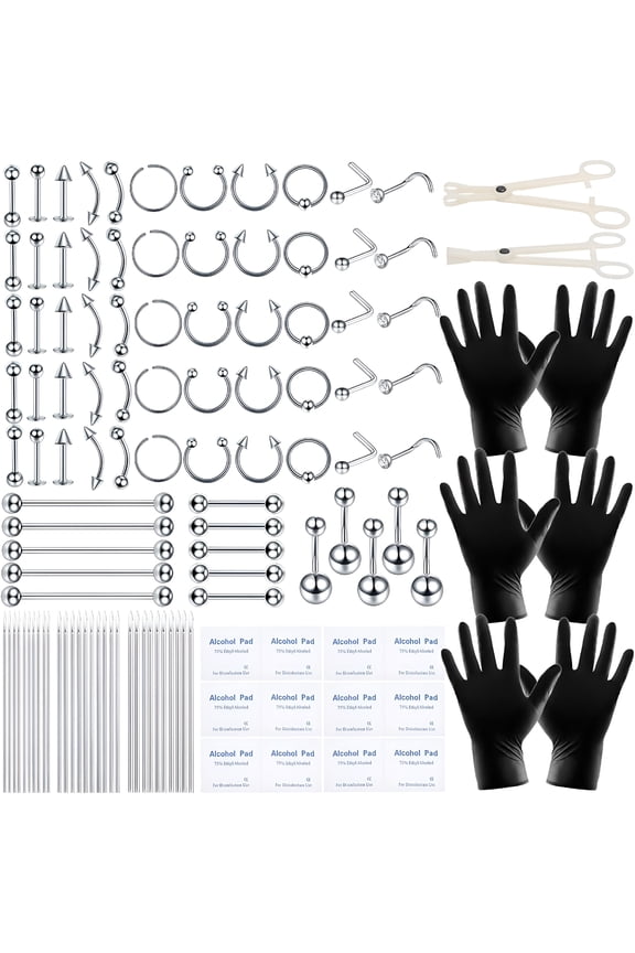 120Pcs Body Piercing Kit Surgical Steel 14G 16G 20G Labret Lip Rings Cartilage Daith Earrings Nose Septum Nose Studs Belly Button Rings Piercing Jewelry Needles Gloves Clamps Tools