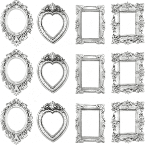 XIBUFE 12Pcs Vintage Mini Picture Frames Small Baroque Antique Resin Jewelry Frame Miniature Rectangle Display Table Wall Hanging Frames Diy Photo Holiday Wedding Decoration (Silver)