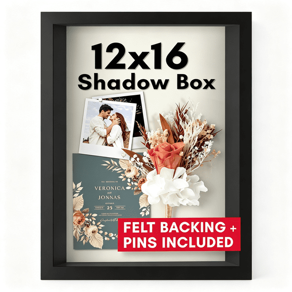 XIBUFE 12X16 Shadow Box Frame - Engineered Wood - Black | Polished Plexiglass Front, 1.5 Inch Interior Depth, Hangs Vertical Or Horizontal, Displays Keepsakes, Medals and Memorabilia