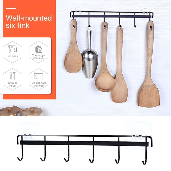 XIBUFE 13 Inch Metal Pot Rack with 6 Hooks, No Drill Kitchen Utensil Bar for RV and Home