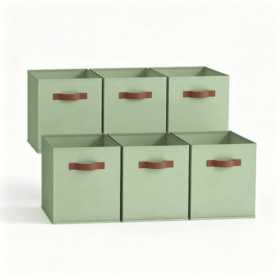 XIBUFE 13 Inch Storage Cube Organizers, Sage Green, 6-Pack | Collapsible Storage Boxes with Thickened Base Plate, Sturdy Handles, Decorative Cube Storage Bins for Shelves, Closet