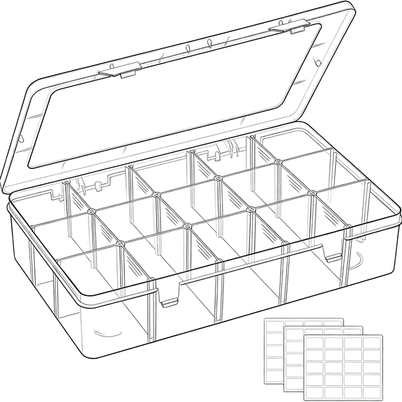 XIBUFE 15 Grids Large Plastic Organizer Box with Adjustable Dividers, Clear Craft Organizer and Storage Tackle Box Compartment Container with Label Stickers for Beads, Jewelries, Tools