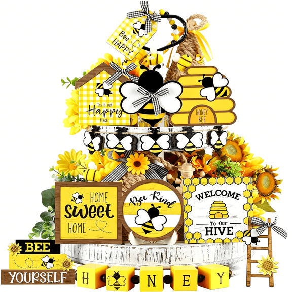 XIBUFE 15 Pcs Bee Tiered Tray Decor Summer Tiered Tray Decorations Set Honeycomb Decor Honey Bee Wooden Signs Rustic Farmhouse Kitchen Decor for Home Table Shelf Decorations