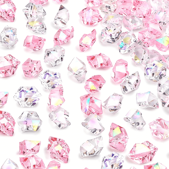 XIBUFE 150Pcs Fake Ice Rocks,Pink Holographic Acrylic Crushed Ice Sparkling Plastic Diamonds Gems for Vases Fillers Aquarium Rocks Party Table Scatter Wedding Decor