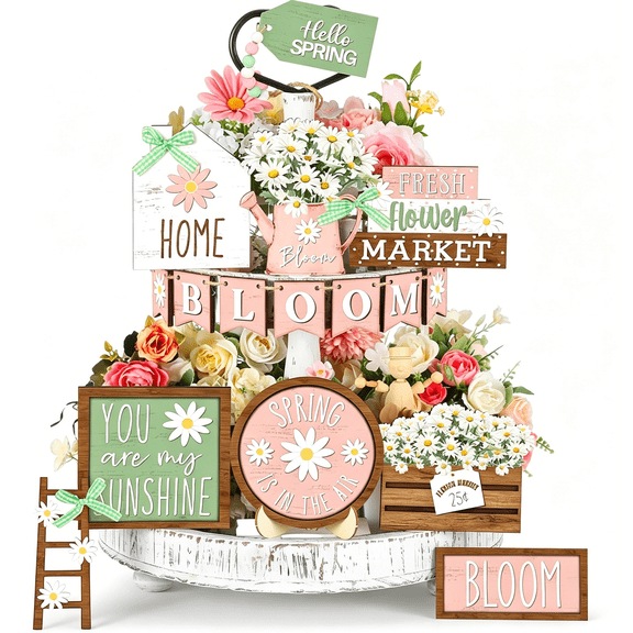 XIBUFE 16 Pcs Spring Daisy Tiered Tray Decor Set Farmhouse Daisy Flower Wooden Sign Rustic Spring Table Centerpieces Floral Tiered Tray Decorations for Home Kitchen Shelf Tabletop