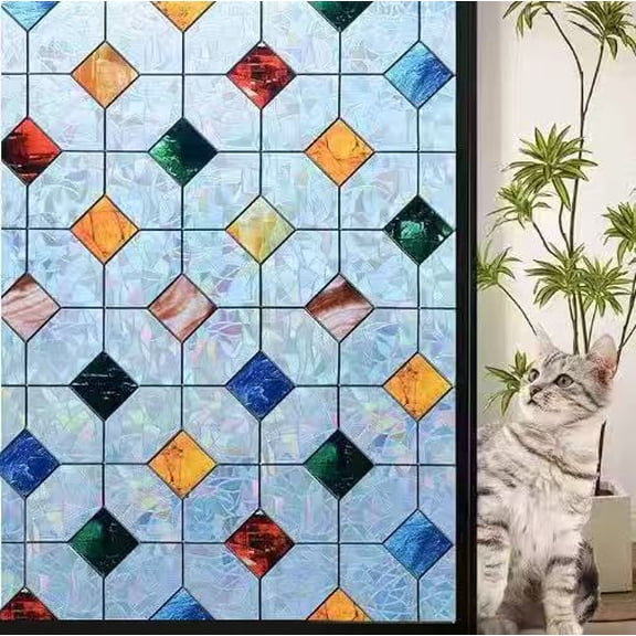 XIBUFE 17.7" X 78.7" Rainbow Agate Stone Lattice Pattern Stained Glass Privacy Window Film, Anti-Uv & Heat Blocking, Easy Install Electrostatic Cling, Deliver Installation Tools