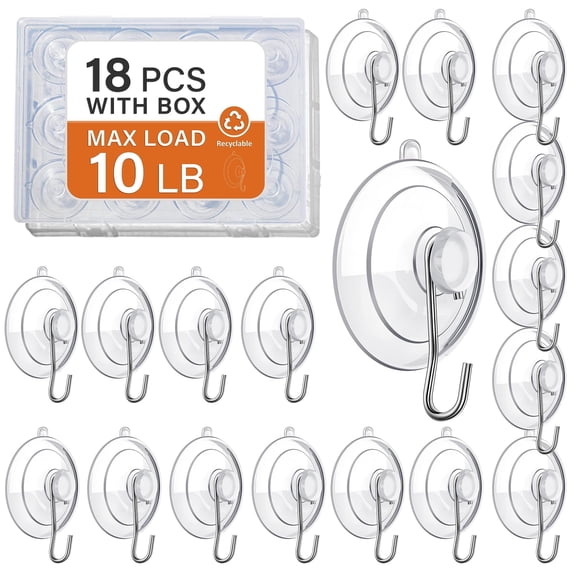 XIBUFE 18 Pack Heavy Duty Suction Cup Hooks,1.77" Clear Reusable Window Hooks with 10Lb Load,Damage-Free Holders for Glass,Kitchen,Bathroom Tile,And Mirror Organization(Includes Storage Box)