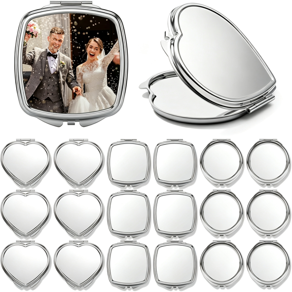 XIBUFE 18 Pcs Sublimation Blanks Compact Mirror Bulk,Double Sided Folding Pocket Makeup Mirror,Round Square Heart Shape,Custom Compact Mirror for Transfer,Personalized Compact Mirror Purse Gifts