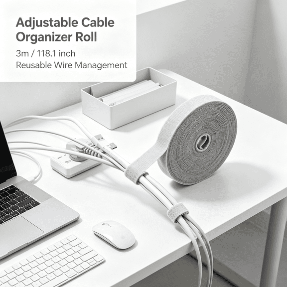 XIBUFE 1Pcs Adjustable Cable Organizer Roll,3M(118.1 Inch)Reusable Wire Management Strap for Desktop and Electrical Cable Routing Neat Desk Cable Management,Cord Organizer,Cable Organizer