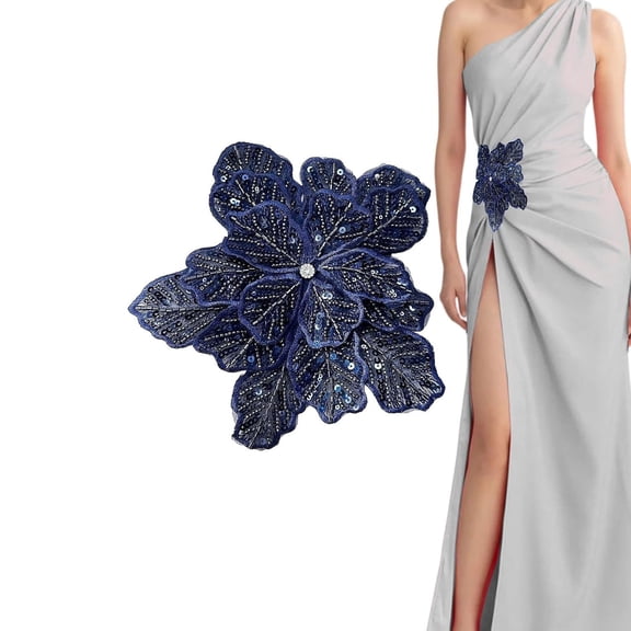 XIBUFE 1pc Handmade Large Flower Rhinestone Applique for Clothes, Sparkly Sequin Beaded Patches for Wedding Dress, Embroidery Lace Sewing Patches for Bodice Hat Jean Jacket (Navy)