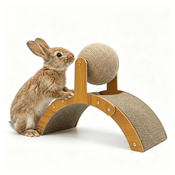 XIBUFE 2-In-1 Rabbit Scratching Toy - Natural Sisal Ball & Corrugated Cardboard Pad Bunny Claw Scratcher,Stable Wood Arch Bridge Interactive Toys for Rabbits,Kittens,Ferrets,Ch"Illas