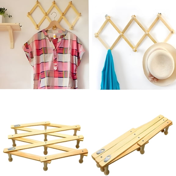 XIBUFE 2 Pack 10 Hook Coat Hooks,Wooden Expanding Accordion Style Wall Mounted Hook,Wooden Pegs Folding Wall Hanger Stand for Cap,Umbrella,Coffee Mug,Keys,Home Organization Storage Rack