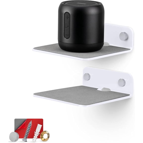 XIBUFE 2-Pack 4 Small Floating Shelf Bluetooth Speaker Stand, Adhesive & Screw Wall Mount, Anti Slip, for Cameras, Baby Monitors, Webcam, Router & More, Universal Holder (White)