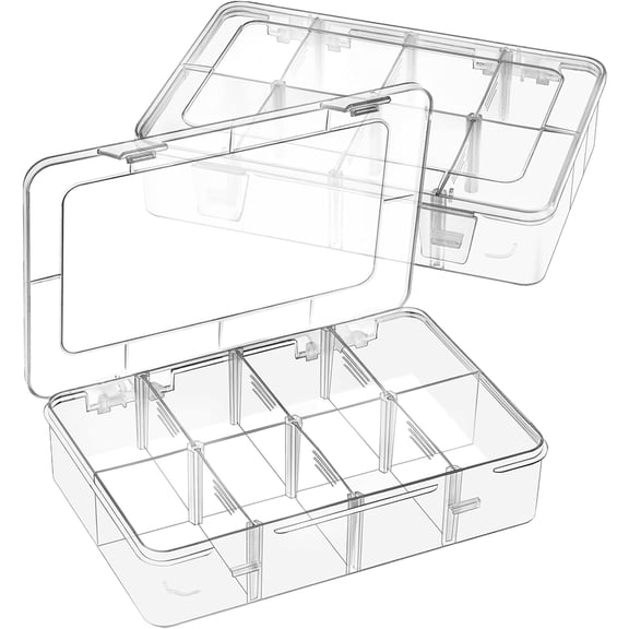 XIBUFE 2 Pack 8 Grids Bead Organizer and Storage, Plastic Organizer Box with Removable Dividers and Labels for Jewelry Crafts Small Parts Electronics Tackle Boxes