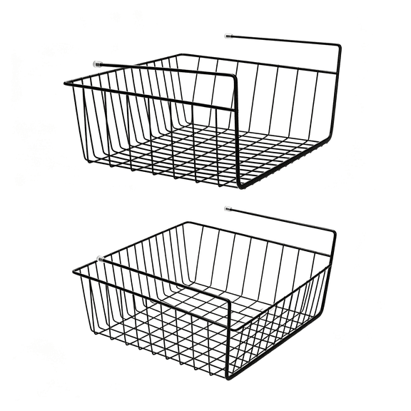 XIBUFE 2 Pack Black under Shelf Wire Basket, Hanging Storage Baskets under Cabinet Add-On Storage Racks, Slide-In Baskets Organizer for Kitchen Pantry Desk Bookshelf