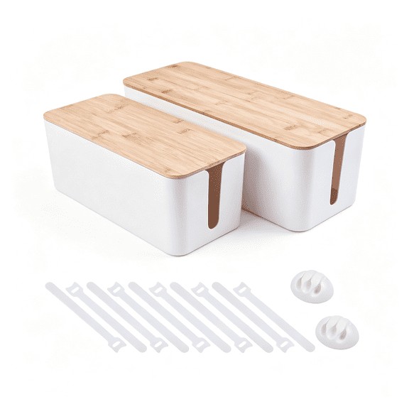 XIBUFE 2 Pack Cable Management Box - Cord Organizer Box with Wooden Lid for Tv Wires, Power Strips, Router, Usb Hub & under Desk Power: Baby & Pet Proof Cord Management, Cord Hider