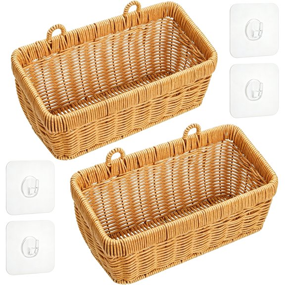 XIBUFE 2 Pack Cute Small Wall Hanging Basket for Kitchen Bathroom | Hand-Woven Organizer Basket for Onion Garlic,Boho Plastic Storage Baskets with Hanger for Laundry Living Room Home Decor