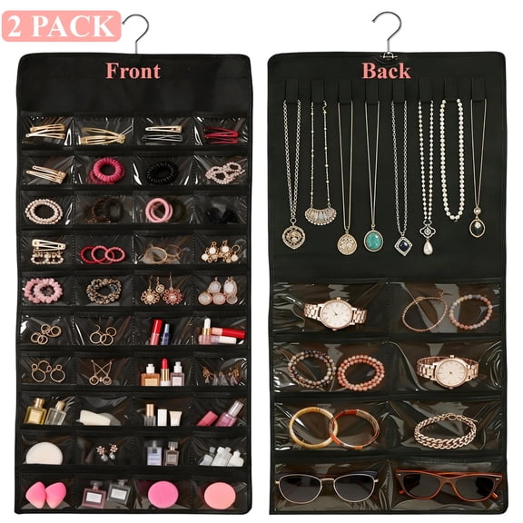 XIBUFE 2 Pack Hanging Jewelry Organizer, Double-Sided 48 Pockets with 8 Necklace Holders, Jewelry Storage for Earrings, Necklaces, Bracelets and Rings, Closet, Wall Or Door Use