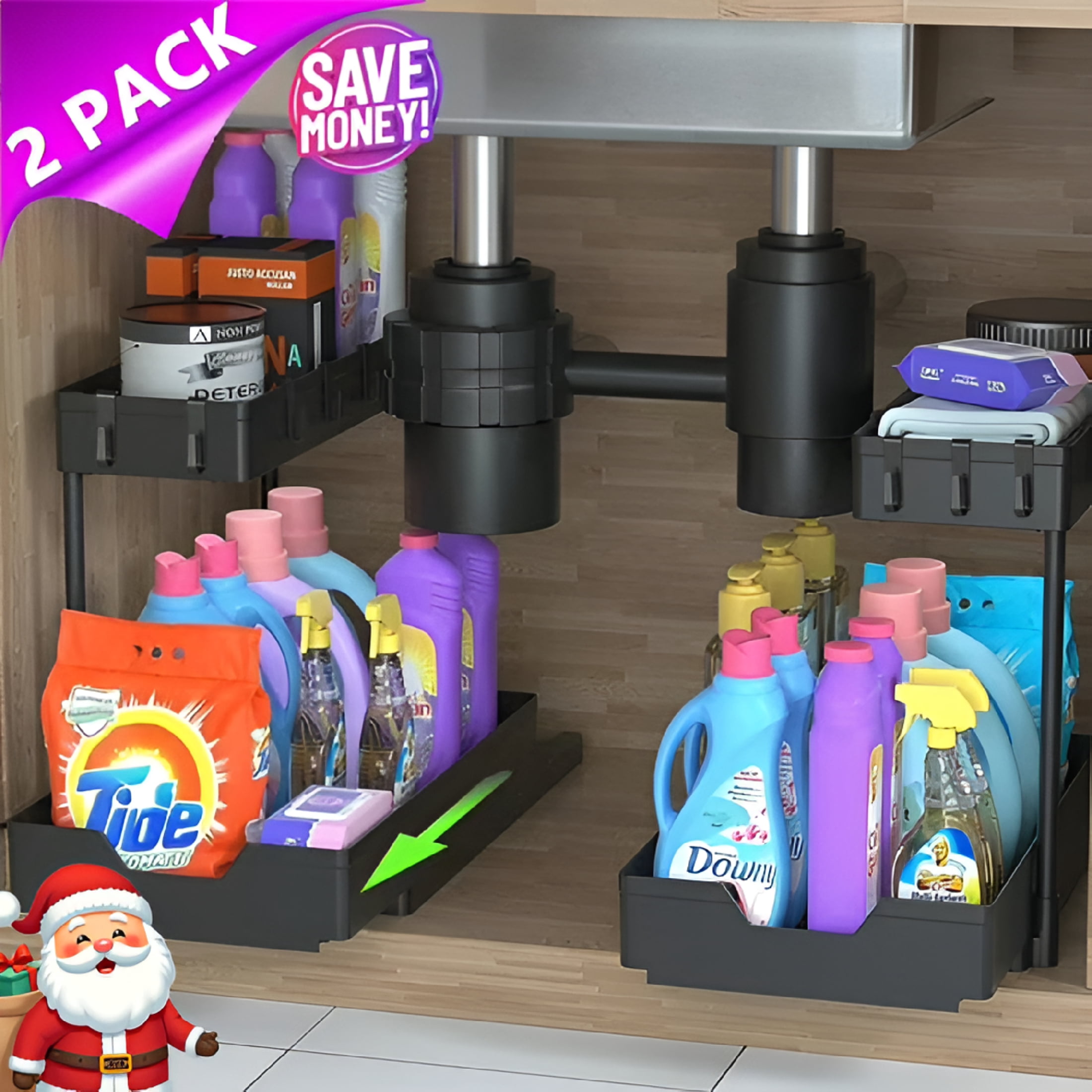 XIBUFE 2-Pack Under Sink Organizer Storage,2 Tier L-Shape Multi-Purpose Large Capacity Kitchen Under Sink Organizers for Narrow Space Easy Access Sliding Storage Drawer with Hangers for Bathroom