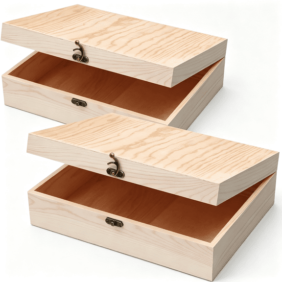 XIBUFE (2-Pack Unfinished Wooden Box with Hinged Lid for Crafts Diy Storage Jewelry Wooden Boxes Pine Box - 12" X 9" X 3.35"