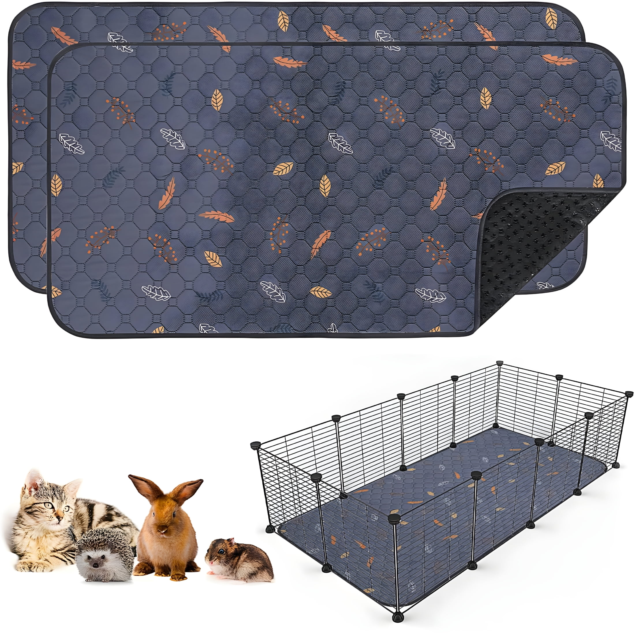 XIBUFE 2 Pack Washable Guinea Pig Pee Pads, 24" x 48" Waterproof Reusable Cage Liners, Absorbent Bedding Mat for Small Animal Guinea Pigs Rabbit Bunny Hamster