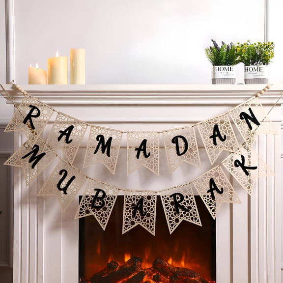 XIBUFE 2 Pcs Eid Ramadan Mubarak Banner Wooden Ramadan Mubarak Decoration Rustic Bead Ramadan Decorations Banner Party Decor Supplies for Home Fireplace Indoor Outdoor (Black Letter)